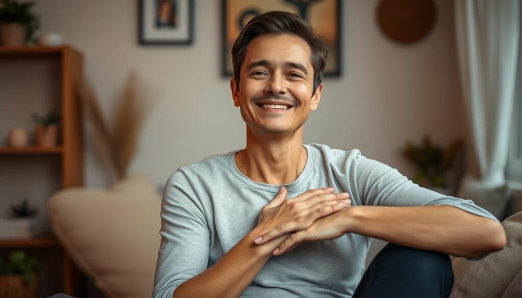 Pessoa relaxada após sessão de automassagem para relaxar Pessoa relaxada após sessão de automassagem para relaxar