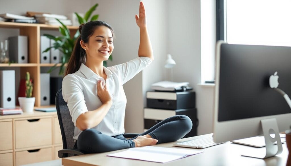 Pessoa relaxada e produtiva após praticar yoga no escritório Pessoa relaxada e produtiva após praticar yoga no escritório