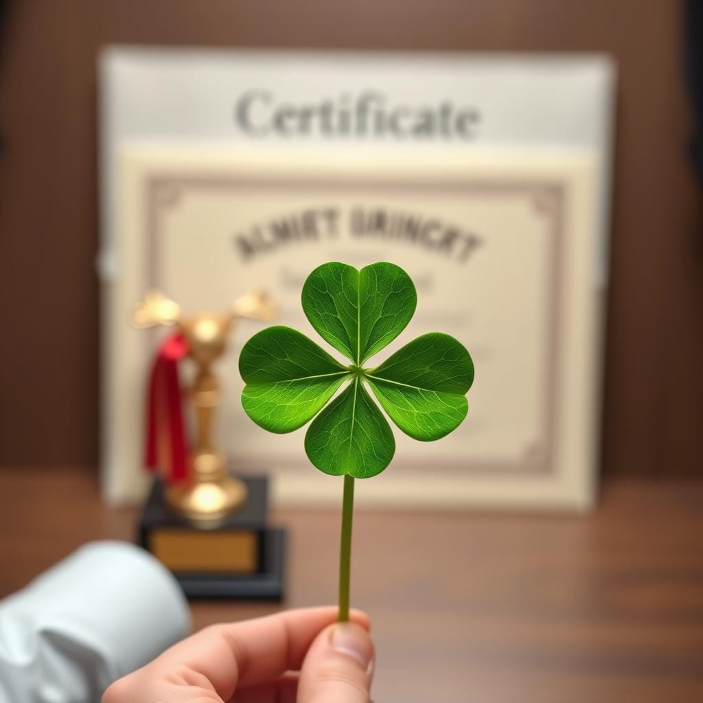 Pessoa segurando um trevo de quatro folhas simbolizando a atribuição do sucesso à sorte na Síndrome do Impostor