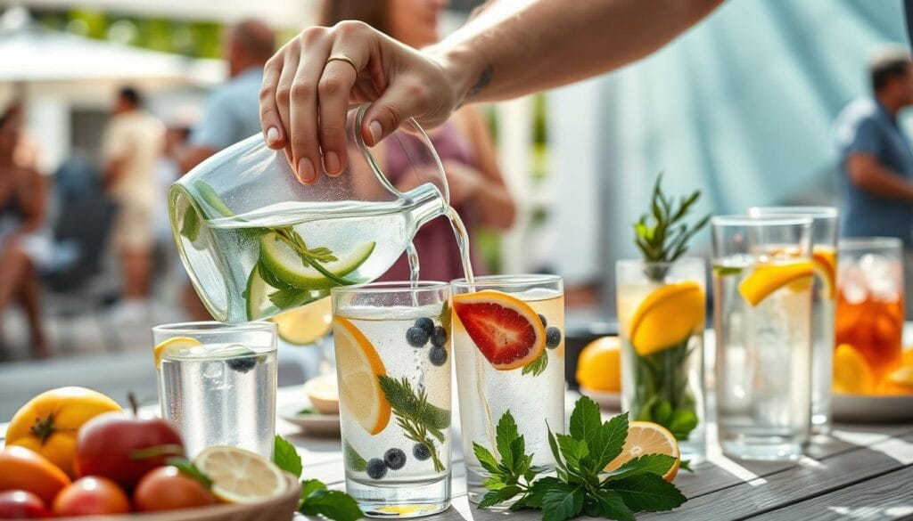 Pessoa servindo água saborizada natural em copos durante um dia quente de verão Pessoa servindo água saborizada natural em copos durante um dia quente de verão