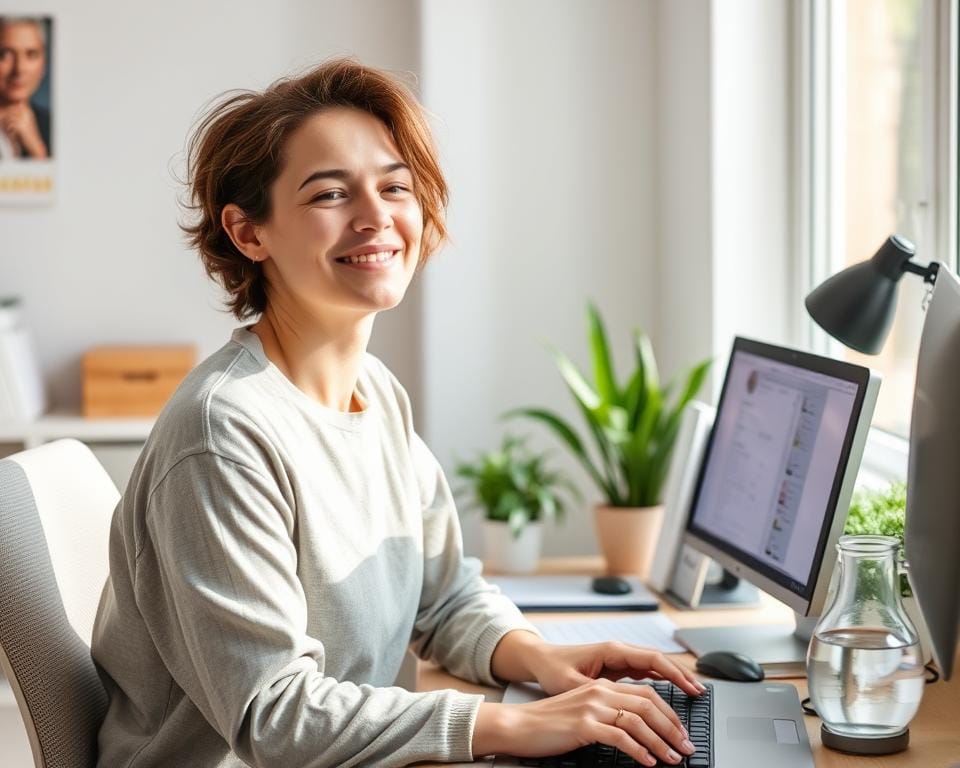 Pessoa sorrindo e relaxada após um dia produtivo usando a Técnica Pomodoro Adaptada para o Bem-estar Pessoa sorrindo e relaxada após um dia produtivo usando a Técnica Pomodoro Adaptada para o Bem-estar
