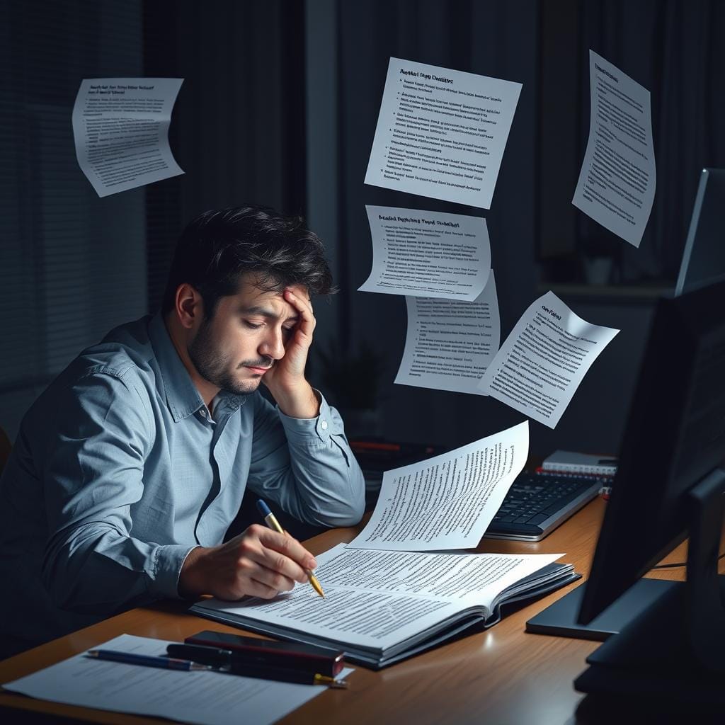 Pessoa trabalhando até tarde revisando repetidamente um projeto, mostrando perfeccionismo excessivo