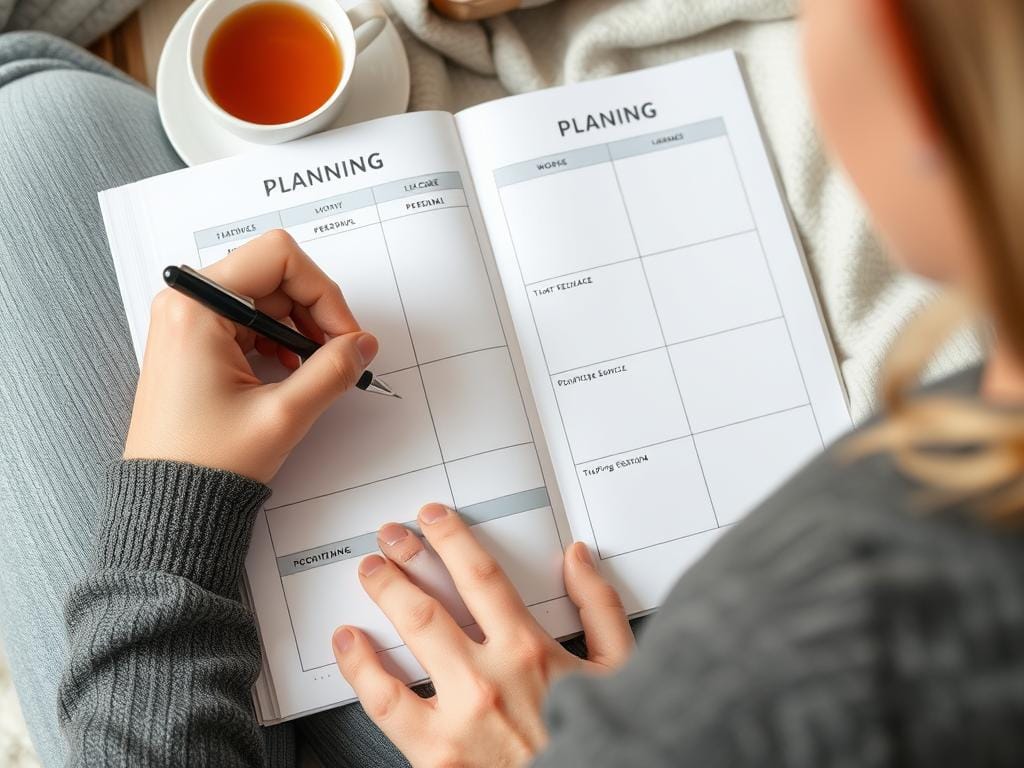 Pessoa utilizando o template de Planejamento Semanal Consciente Pessoa utilizando o template de Planejamento Semanal Consciente