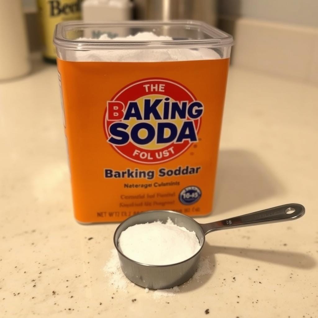 Pote de bicarbonato de sódio com uma colher Pote de bicarbonato de sódio com uma colher