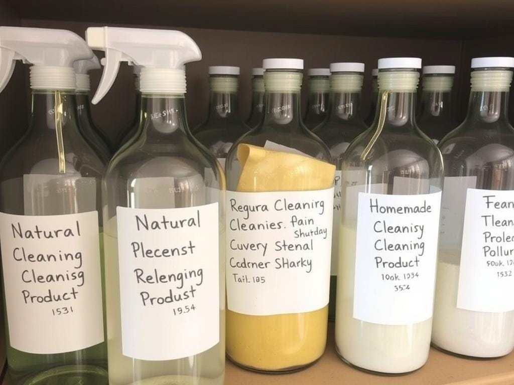 Produtos de limpeza naturais armazenados em frascos rotulados Produtos de limpeza naturais armazenados em frascos rotulados