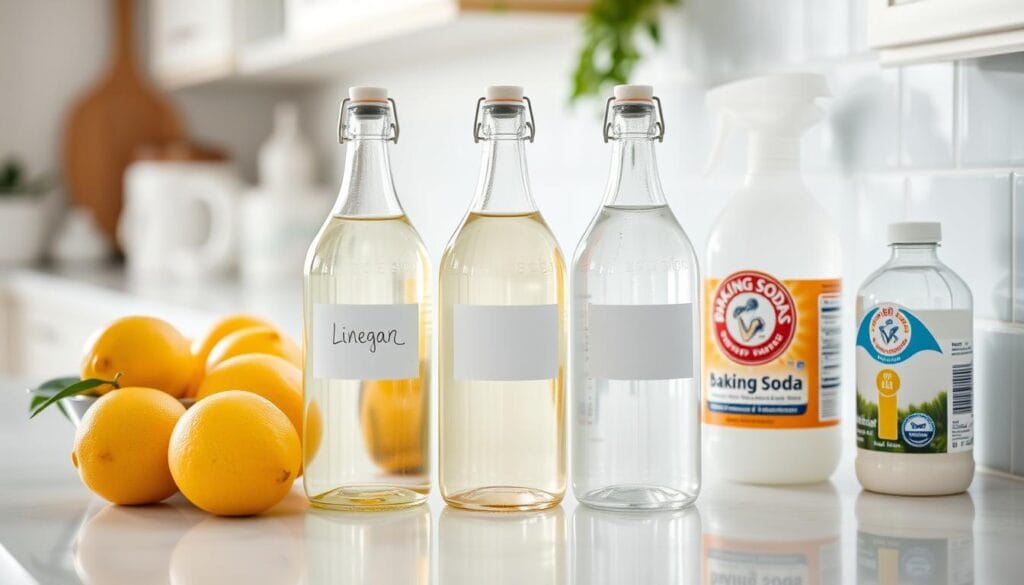 Produtos de limpeza naturais com 3 ingredientes dispostos em uma bancada de cozinha
