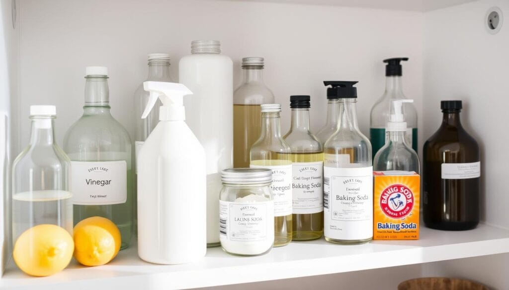 Produtos de limpeza naturais com 3 ingredientes organizados em uma prateleira Produtos de limpeza naturais com 3 ingredientes organizados em uma prateleira