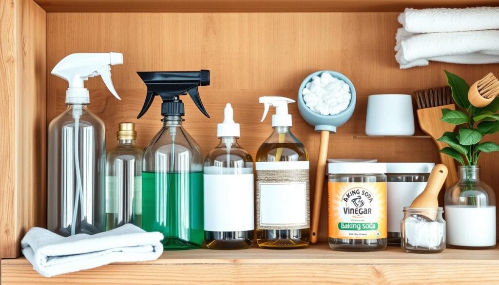 Produtos de limpeza sustentável organizados em uma prateleira de madeira, mostrando alternativas ecológicas para uma rotina de limpeza sustentável