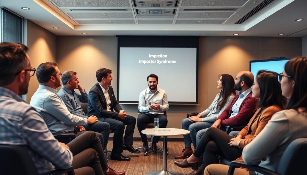 Psicólogos discutindo a Síndrome do Impostor em um ambiente profissional