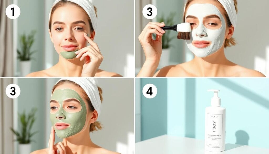 Sequência de aplicação de máscara facial caseira: limpeza, aplicação, remoção e hidratação Sequência de aplicação de máscara facial caseira: limpeza, aplicação, remoção e hidratação