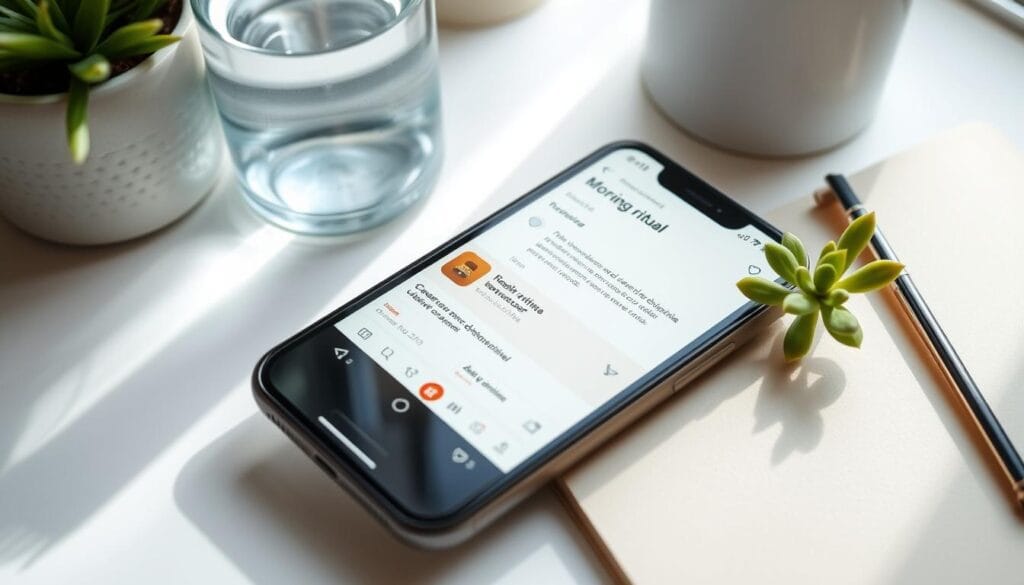 Smartphone mostrando apps para ritual matinal de produtividade Smartphone mostrando apps para ritual matinal de produtividade
