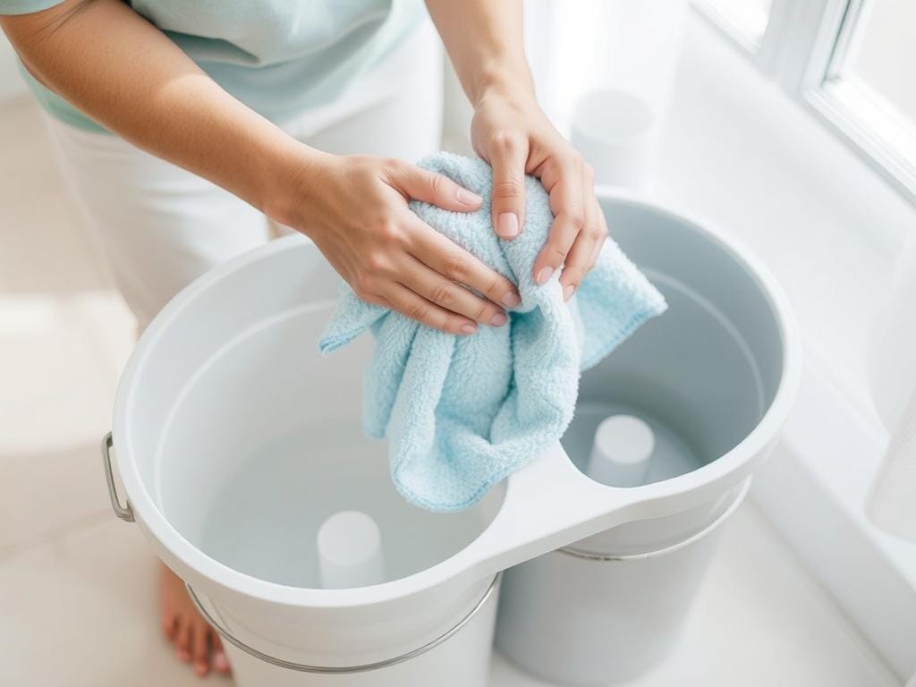 Técnicas de economia de água durante a limpeza sustentável, mostrando uso consciente de baldes e panos úmidos para uma rotina de limpeza sustentável Técnicas de economia de água durante a limpeza sustentável, mostrando uso consciente de baldes e panos úmidos para uma rotina de limpeza sustentável