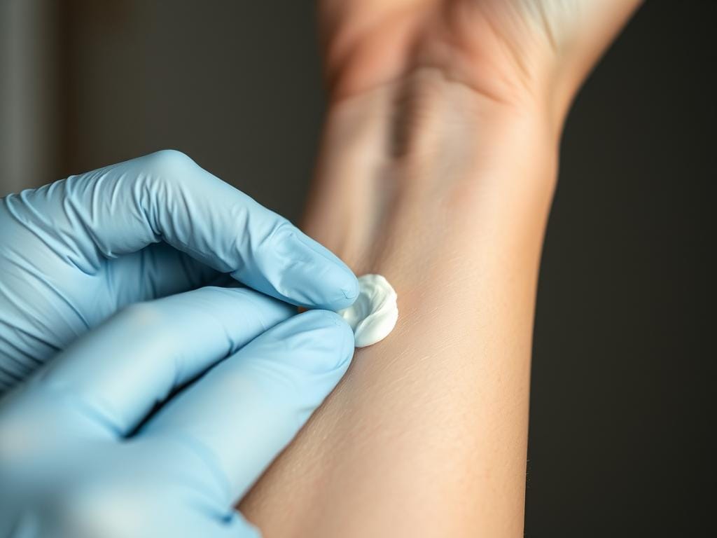 Teste de alergia sendo realizado no pulso antes de aplicar máscara facial Teste de alergia sendo realizado no pulso antes de aplicar máscara facial