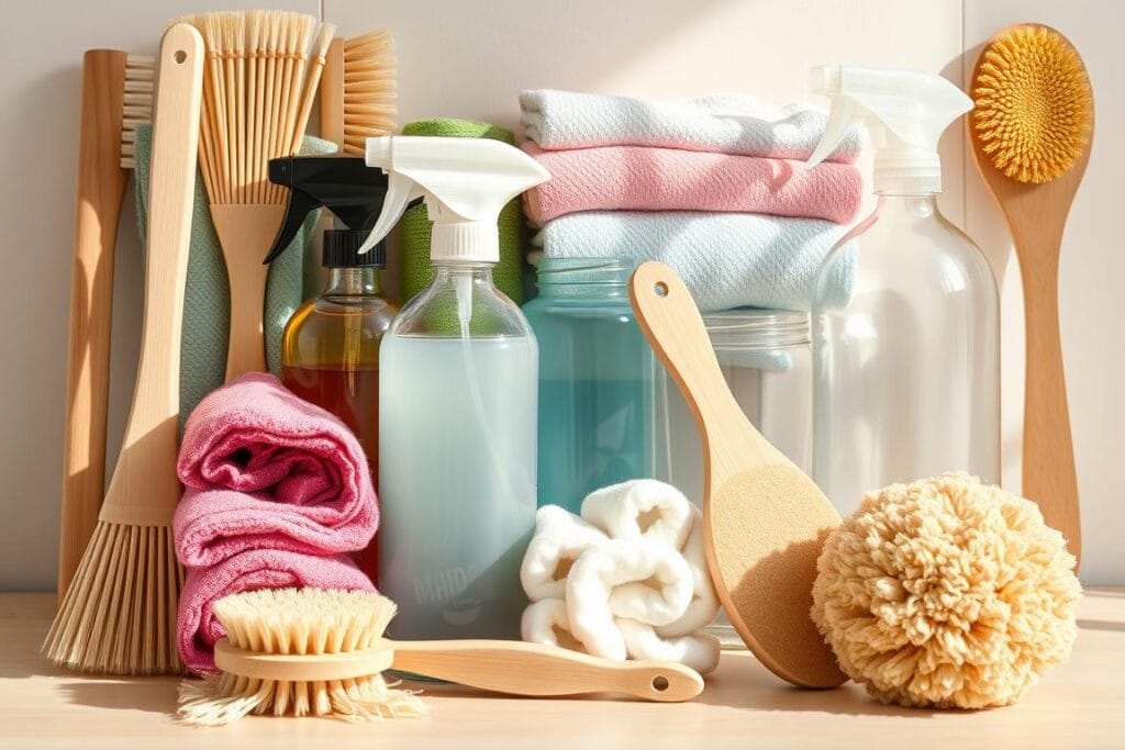 Utensílios reutilizáveis para limpeza sustentável incluindo panos de microfibra, escovas de bambu e borrifadores de vidro para uma rotina de limpeza sustentável Utensílios reutilizáveis para limpeza sustentável incluindo panos de microfibra, escovas de bambu e borrifadores de vidro para uma rotina de limpeza sustentável