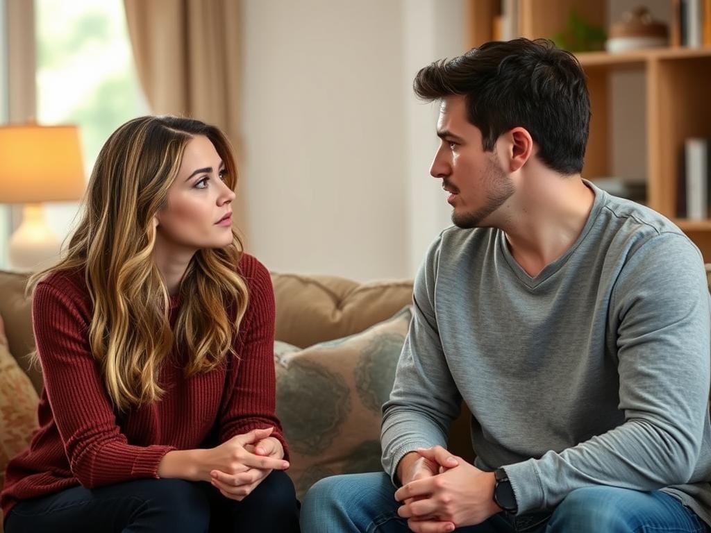 Casal conversando seriamente sobre críticas em um relacionamento