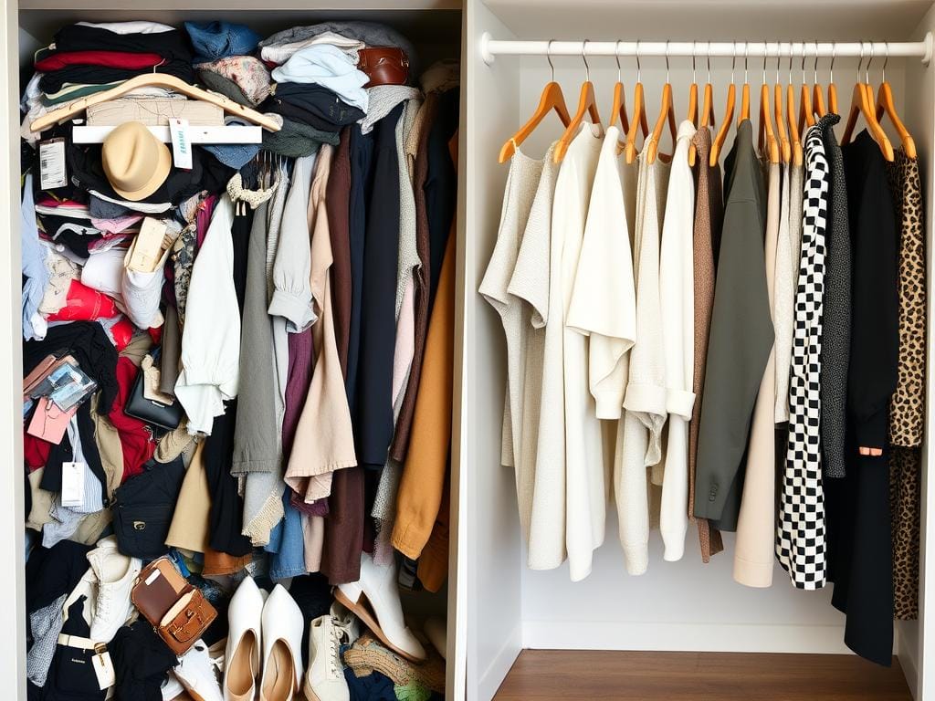 Comparação entre guarda-roupa tradicional cheio versus guarda-roupa consciente minimalista Comparação entre guarda-roupa tradicional cheio versus guarda-roupa consciente minimalista