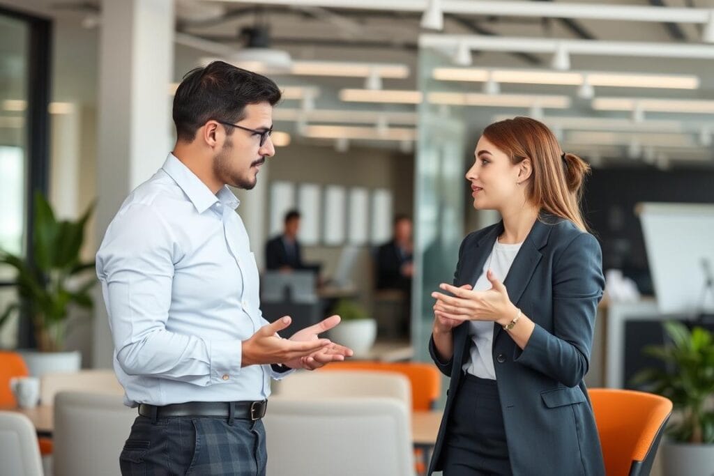 Duas pessoas em conversa profissional demonstrando comunicação assertiva Duas pessoas em conversa profissional demonstrando comunicação assertiva