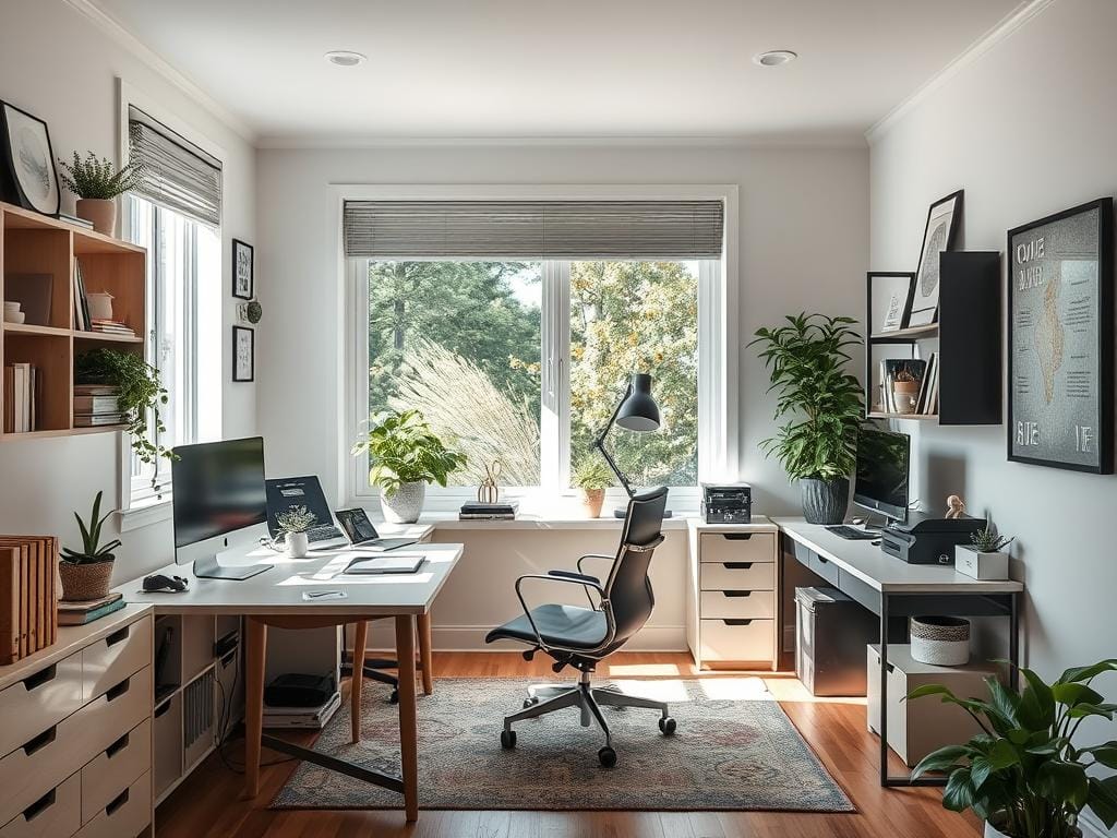 Espaço de trabalho em casa organizado com separação clara entre área profissional e pessoal Espaço de trabalho em casa organizado com separação clara entre área profissional e pessoal