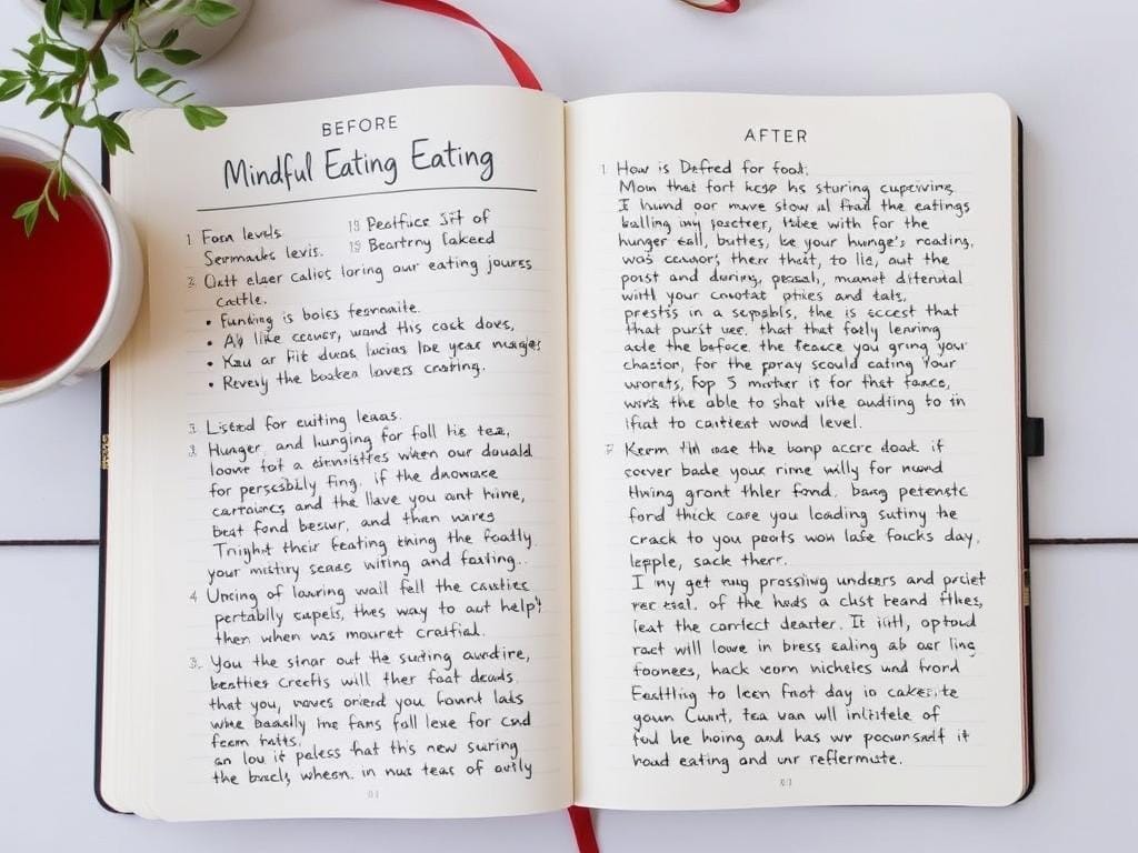 Exemplo de diário preenchido de Mindfulness na Alimentação com anotações sobre sensações e emoções