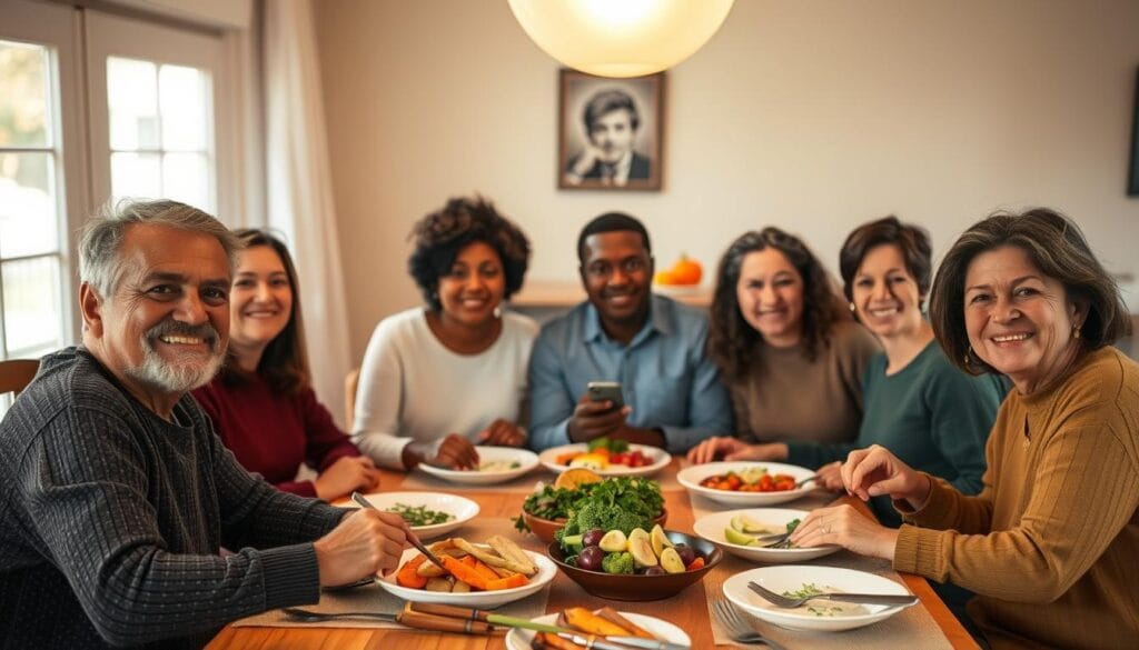 Grupo de pessoas praticando Mindfulness na Alimentação juntas, compartilhando uma refeição consciente