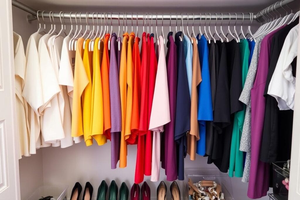 Guarda-roupa organizado por cores facilitando a visualização das peças Guarda-roupa organizado por cores facilitando a visualização das peças