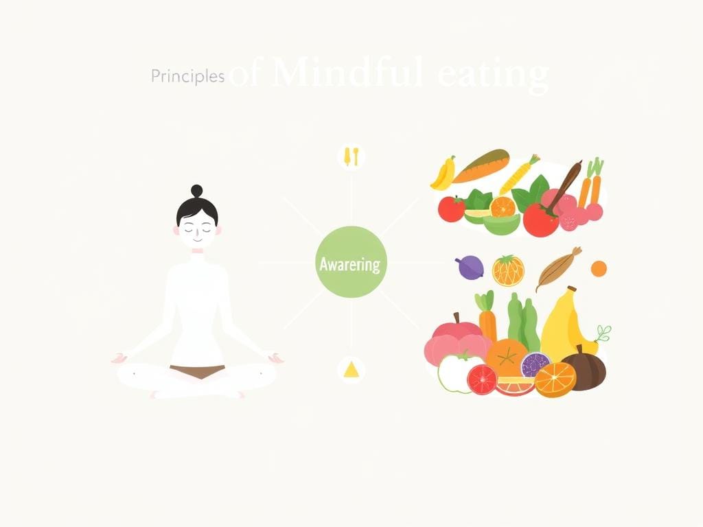 Ilustração do conceito de Mindfulness na Alimentação com alimentos coloridos e pessoa em postura meditativa