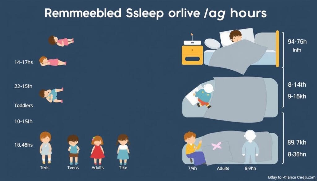 Infográfico mostrando as horas de sono recomendadas por faixa etária como parte da higiene do sono Infográfico mostrando as horas de sono recomendadas por faixa etária como parte da higiene do sono