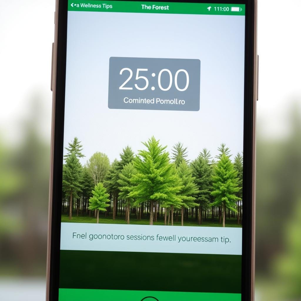 Interface do aplicativo Forest para Técnica Pomodoro com árvores virtuais