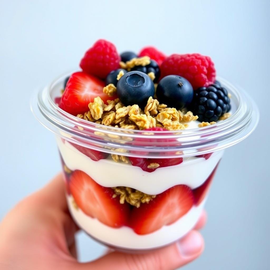 Iogurte natural com granola e frutas vermelhas, um dos lanches saudáveis para levar mais completos nutricionalmente Iogurte natural com granola e frutas vermelhas, um dos lanches saudáveis para levar mais completos nutricionalmente