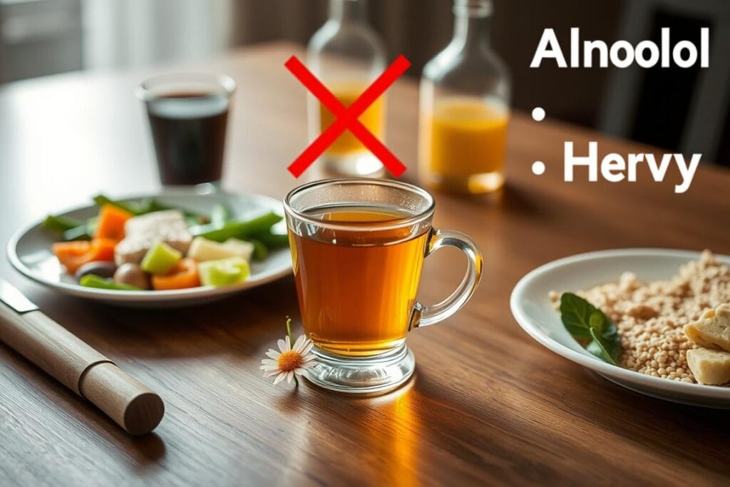 Mesa com alimentos leves para o jantar e chá de camomila, evitando café e álcool para melhor higiene do sono Mesa com alimentos leves para o jantar e chá de camomila, evitando café e álcool para melhor higiene do sono