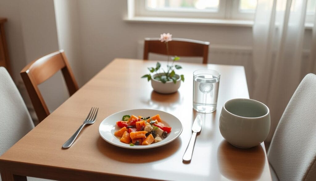 Mesa organizada para refeição consciente, sem dispositivos eletrônicos, demonstrando ambiente ideal para Mindfulness na Alimentação