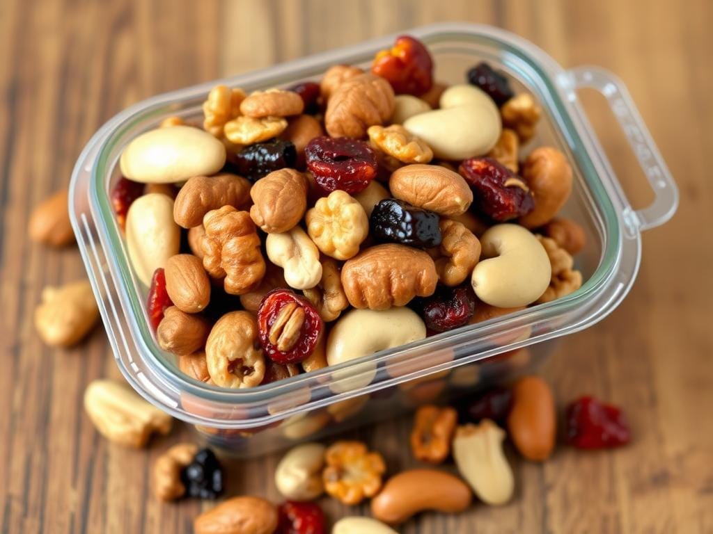 Mix de castanhas e frutas secas em um potinho portátil, um dos lanches saudáveis para levar mais práticos