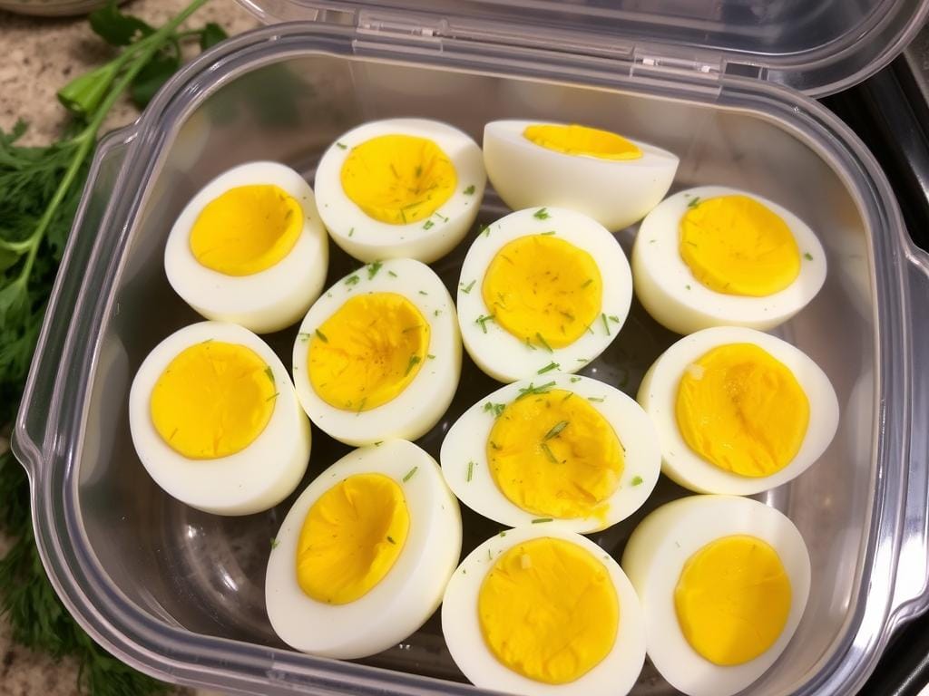 Ovos cozidos com temperos, um lanche saudável para levar rico em proteínas Ovos cozidos com temperos, um lanche saudável para levar rico em proteínas