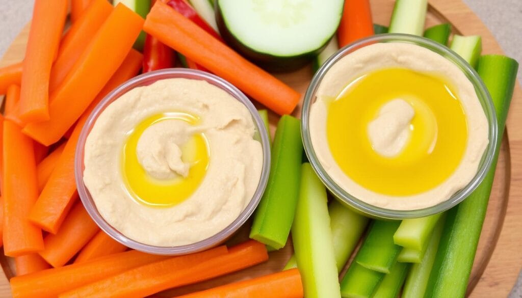 Palitinhos de vegetais com hommus, um lanche saudável para levar colorido e nutritivo Palitinhos de vegetais com hommus, um lanche saudável para levar colorido e nutritivo