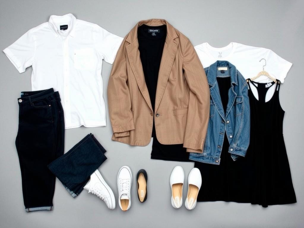 Peças básicas que formam a base de um guarda-roupa consciente versátil Peças básicas que formam a base de um guarda-roupa consciente versátil