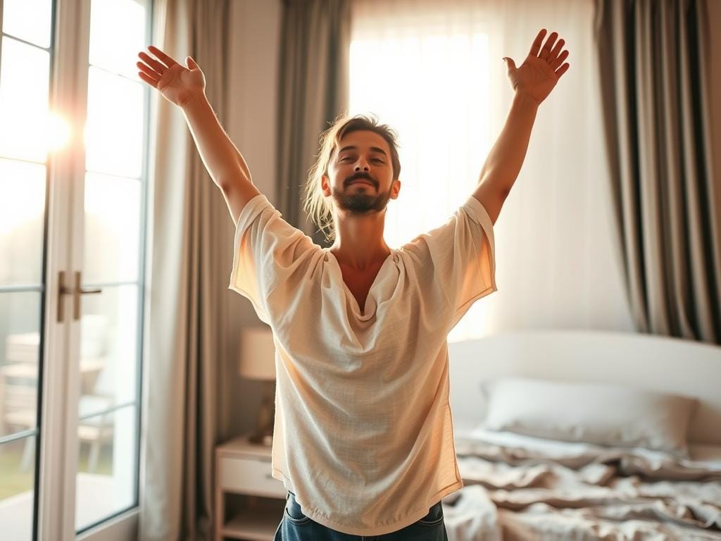 Pessoa abrindo cortinas e se alongando logo após acordar para combater ansiedade matinal