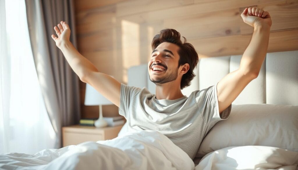 Pessoa acordando disposta após boa noite de sono com práticas adequadas de higiene do sono Pessoa acordando disposta após boa noite de sono com práticas adequadas de higiene do sono
