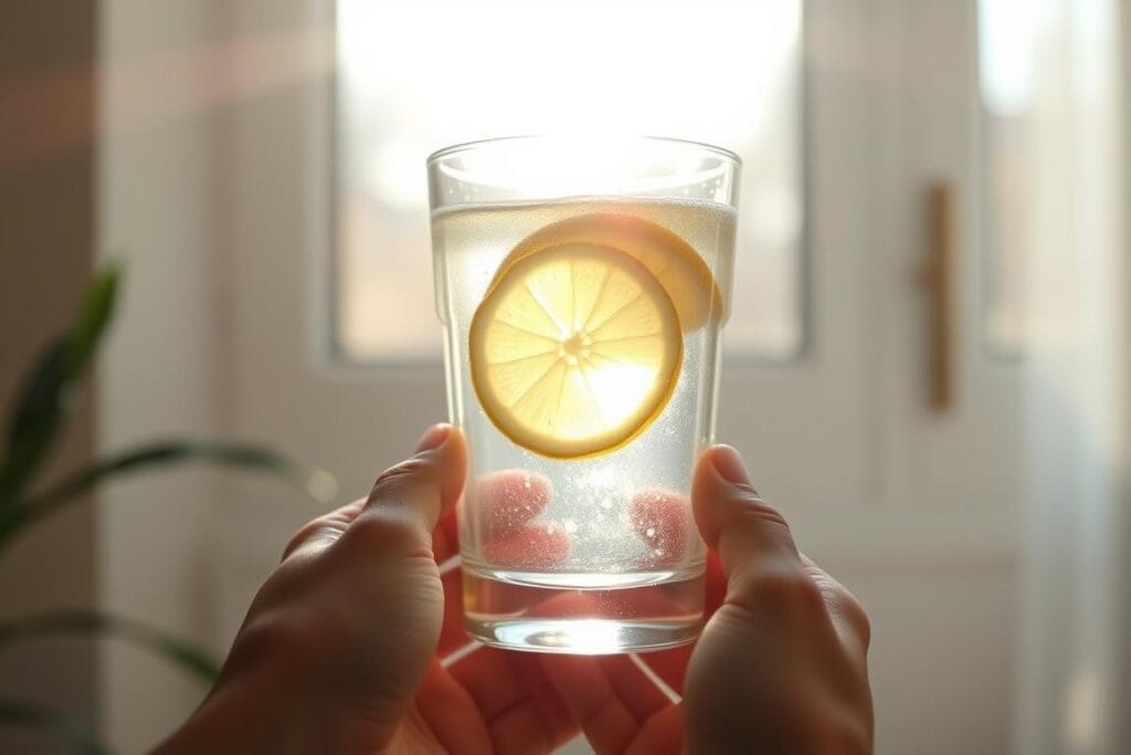 Pessoa bebendo água com limão ao acordar como parte da rotina contra ansiedade matinal