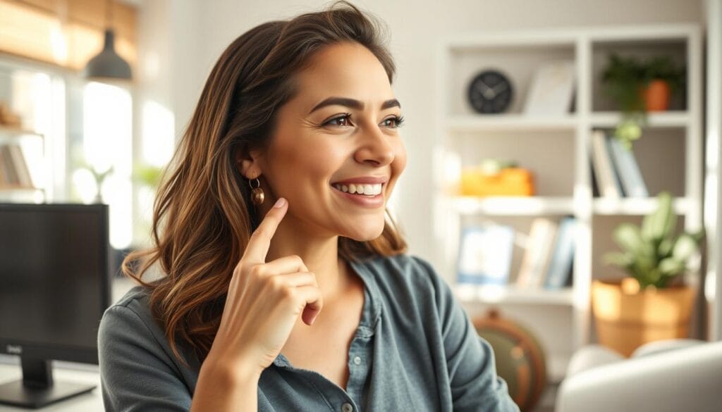 Pessoa demonstrando equilíbrio entre vida profissional e pessoal, com expressão de satisfação Pessoa demonstrando equilíbrio entre vida profissional e pessoal, com expressão de satisfação