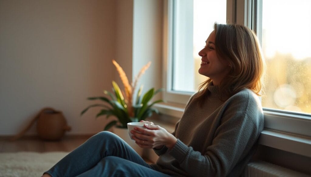 Pessoa desfrutando de uma manhã tranquila após superar a ansiedade matinal