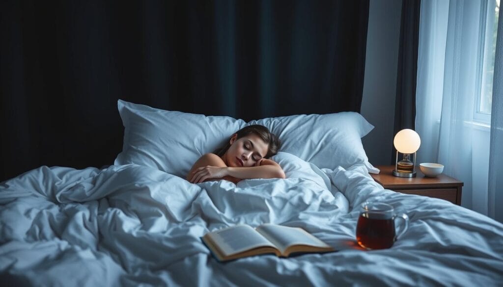 Pessoa dormindo tranquilamente em um quarto escuro e organizado, demonstrando boa higiene do sono