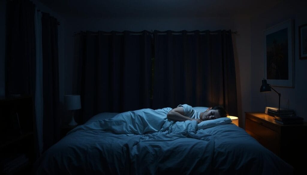 Pessoa dormindo tranquilamente em um quarto escuro e organizado, demonstrando boa higiene do sono