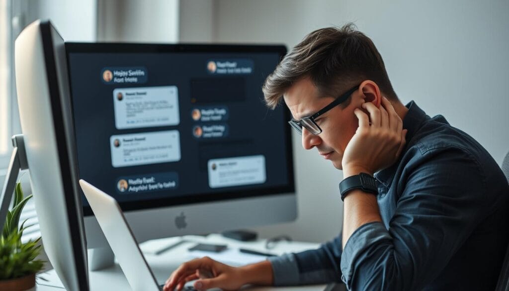 Pessoa estressada trabalhando em frente ao computador com notificações aparecendo