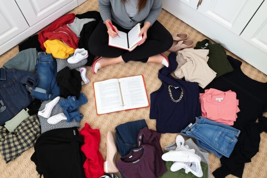 Pessoa fazendo inventário do guarda-roupa com caderno de anotações Pessoa fazendo inventário do guarda-roupa com caderno de anotações