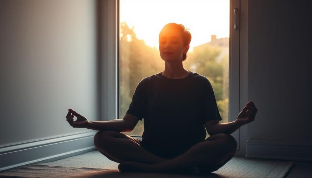 Pessoa meditando ao amanhecer para combater a ansiedade matinal