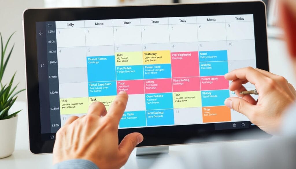 Pessoa organizando agenda com bloqueios de tempo para tarefas específicas Pessoa organizando agenda com bloqueios de tempo para tarefas específicas