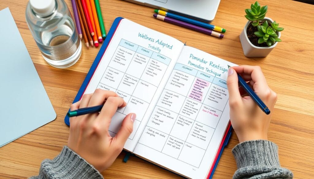 Pessoa planejando implementação da Técnica Pomodoro Adaptada para o Bem-estar em agenda