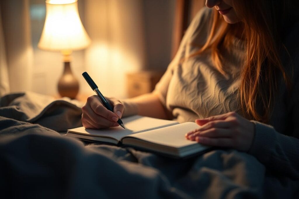 Pessoa planejando o dia seguinte antes de dormir para reduzir a ansiedade matinal