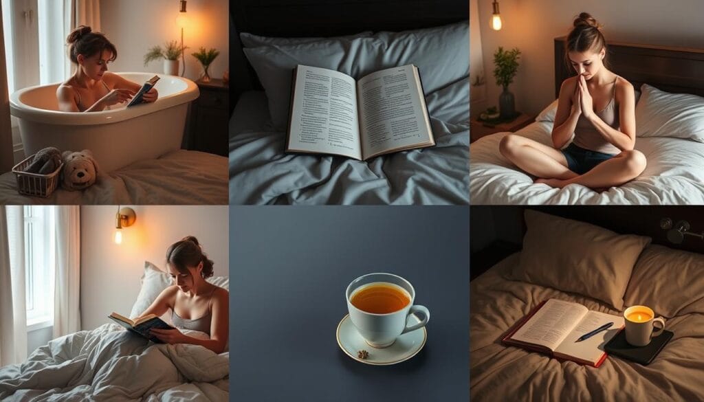 Pessoa realizando atividades relaxantes antes de dormir como parte da higiene do sono Pessoa realizando atividades relaxantes antes de dormir como parte da higiene do sono