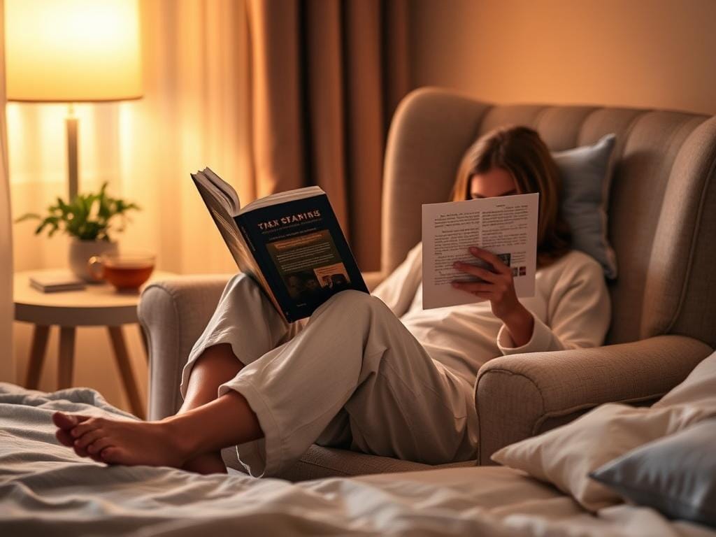 Pessoa realizando ritual relaxante antes de dormir com livro, chá e luzes baixas para melhorar a higiene do sono Pessoa realizando ritual relaxante antes de dormir com livro, chá e luzes baixas para melhorar a higiene do sono